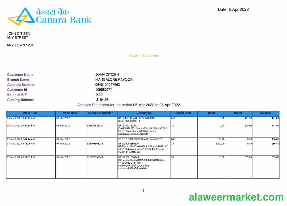 INDIA CANARA bank statement template, Word and PDF format, version 3